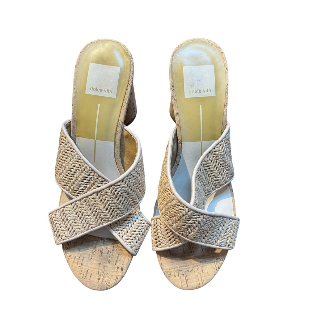 Dolce Vita Womens 7.5 Beige Woven Block Heel Slide Sandals Strappy Cork Heel